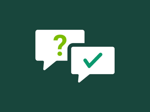 A green background with two white conversation bubbles, one with a question mark and one with a check mark in it